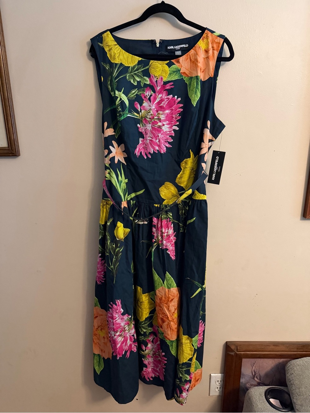 Karl Lagerfeld Navy Floral Midi Dress with Pink, Yellow & Orange Blooms